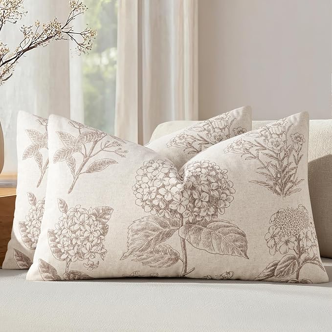 Set of 2 Lumbar Floral Pillow Covers 12x20 Inch Light Camel | Decorative Neutral Hydrangea Print, Boho Vintage Throw Pillows, Cottagecore Home Decor, for Sofa Couch Porch Bed Living Room