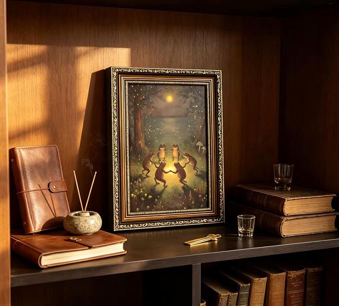 Vintage Gold Framed Frog Wall Art,Frogs Dancing in Moonlight Forest Painting Canvas Prints,Whimsical Animal Wall Decor,Retro Country Toad Poster Artwork for Corridor Living room Bedroom Kitchen