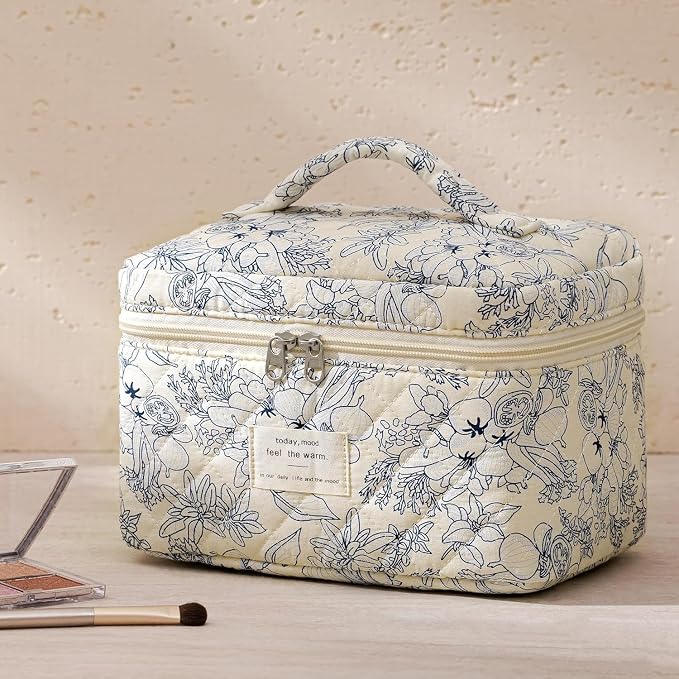 HBselect Quilted Makeup Bag, 3PCS Cotton Large Travel Makeup Bag, Cute Floral Coquette Make up Bag Cosmetic Bag Toiletry Bag for Women Girls