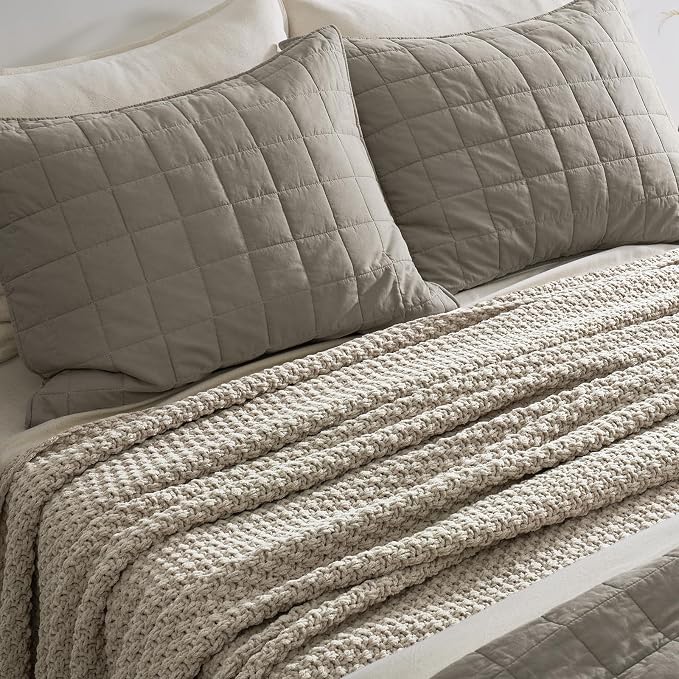 EVERGRACEHOME Chunky Chenille Knit Throw Blanket, 90 x 90, Warm Gray | Sculpted Moss Stitch, Chic Modern Farmhouse, All-Season Warmth, OEKO-TEX® Certified, Oversized Queen for Couch, Bed, Sofa