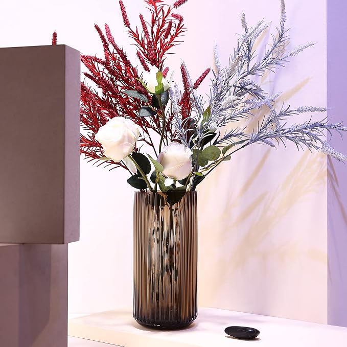 Large Cylinder Ribbed Brown Glass Flower Vase for Farmhouse Dining Table Centerpieces Decor