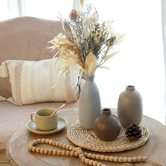 CUCUMI Ceramic Vase Set of 5, Home Decor Farmhouse Décor Handmade | Pottery Vases for Pampas Grass, Dried Fresh Flowers, Table, Living Room, Kitchen, Shelf, Entryway Mantel Neutral Tones