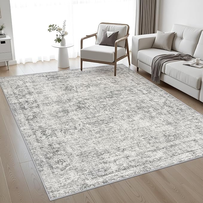 4x6 Area Rug Living Room Rug: Washable Modern Abstract Soft Thin Rug Indoor Floor No Slip Carpet for Bedroom Dining Room Farmhouse Nursery Home Office - Retro Black Grey