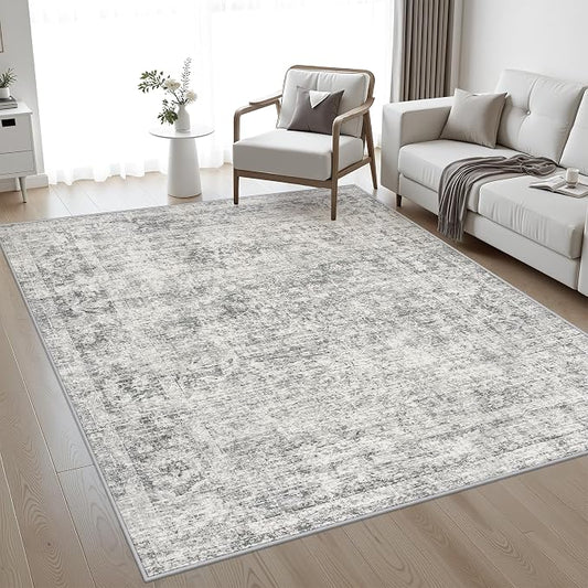 5x7 Area Rug Living Room Rug: Washable Modern Abstract Soft Thin Rug Indoor Floor No Slip Carpet for Bedroom Dining Room Farmhouse Nursery Home Office - Retro Black Grey