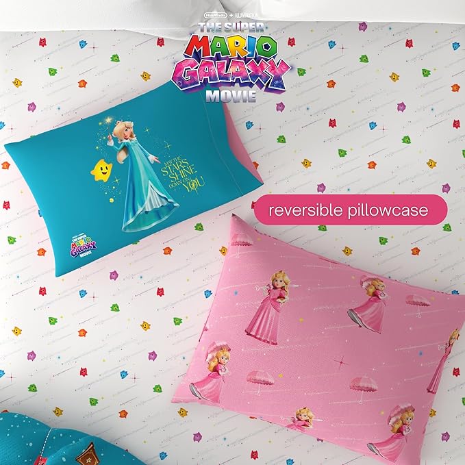 The Super Mario Galaxy Movie Bedding Set, Twin Size 5 Piece Set Kids Super Soft Cozy Reversible Comforter and Sheet Set with Sham, Princess Peach (100% Officially Licensed Product) by Franco