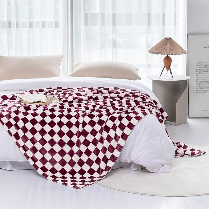 LOMAO Throw Blankets Flannel Blanket with Checkerboard Grid Pattern Soft Throw Blanket for Couch, Bed, Sofa Luxurious Warm and Cozy for All Seasons (Burgundy, 50"x60")