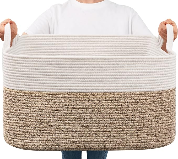 Goodpick Large Woven Rope Blanket Basket, Rectangle, White & Light Brown | 21.6" × 14.9" × 11.8" Storage Basket for Pillows & Toys Laundry, Nursery & Living Room Organization, Reinforced Handles