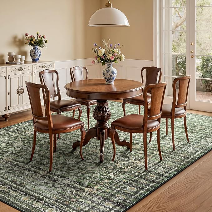 5x8 Area Rugs for Living Room Bedroom, Green Washable Non-Slip Carpet | Soft Boho Area Rug for Dining Room Home Office Indoor Nursery, Stain Resistant, Low Pile, Foldable Vintage Distressed Rug