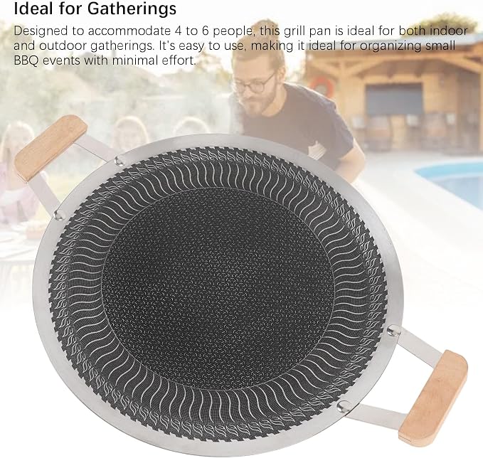 POCREATION Korean BBQ Grill Pan, Stainless Steel Nonstick Even Heating Cooking Pan for Indoor Outdoor Gatherings with Wood Handle Induction Gas Electric Compatible Round 38cm 1 Pack
