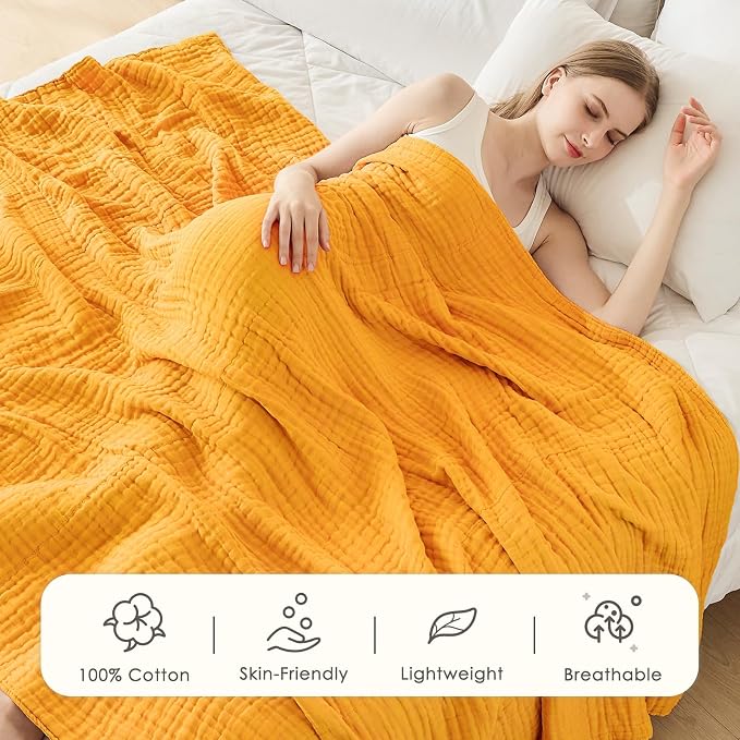 EMME Muslin Blankets for Adults Throw Blanket for Couch Breathable Gauze Soft Lightweight Airy Mustard Yellow Twin XL 66" x 90"
