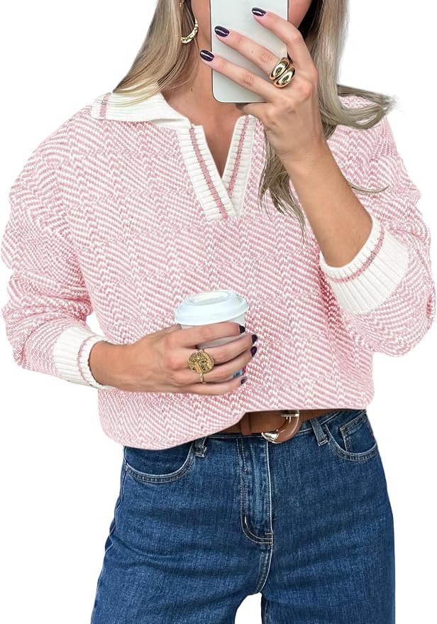 Saodimallsu Womens Fall Sweaters Tops Lapel V Neck Knit Color Block Shirt | Winter,Long Sleeve,Casual,Soft,Pullover,Cozy,Ribbed,Ladies,Chunky,Warm Sweaters,Checkered,Tunic,Work