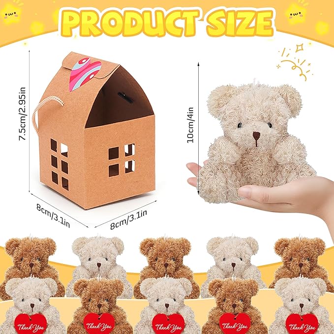 10 Pcs Mini Bears Plush Stuffed Small Fuzzy Bulk Animal Doll, Curly Teddy Bear Party Favors Valentine's Day Gift Toys with Paper Houses for Kids' Birthday Party Supplies(Brown, Apricot)