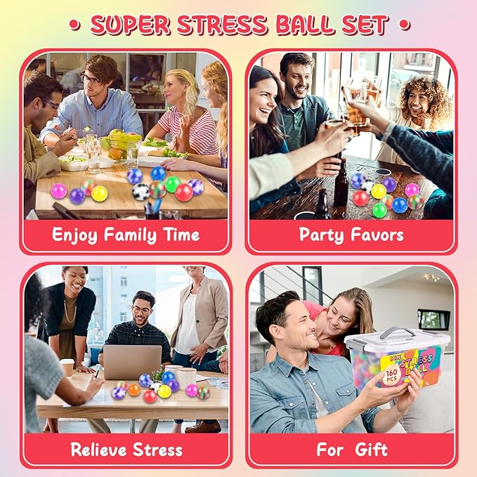 160 Pack Stress Balls for Adults, Bulk Squishy Ball, Stress Balls Set, Anti-Anxiety and Fidget Balls to Relax, Prize Box, Party Favors, Birthday Gifts, Goodie Bag Stuffers