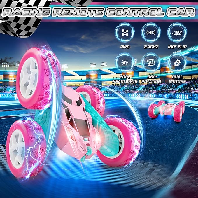 cosone Remote Control Car Pink RC Cars for Girls, RC Stunt Cars with 4WD Double-Sided Driving 360° Flips Rotating, Outdoor Toys for Kids Age 6 7 8 Valentines Day Gifts Birthday Gifts