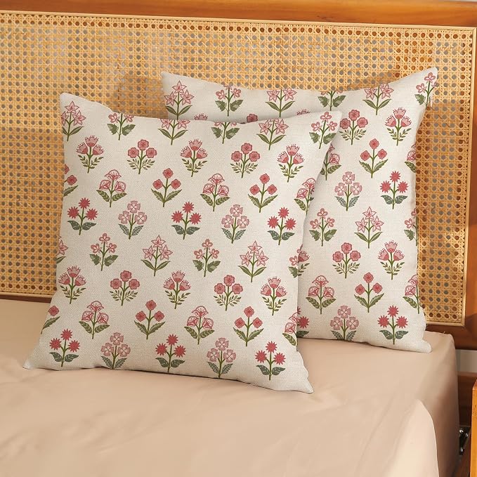 Farmhouse Floral Block Print Pillow Covers 18x18 Set of 2, Vintage Rustic Decorative Throw Pillows Modern Flower Cushion Covers for Sofa Couch Bed Living Room Home Decor, Sage Green Pink