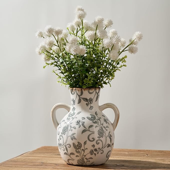 SIDUCAL Ceramic Vintage Pastoral Vase with Handles, 7 Inch Chinoiserie Floral Vase, Retro Ice Cracked Rustic Farmhouse Vases for Home Decor, Living Room, Bookshelf, Office, Tuscan Decor, Gray Floral