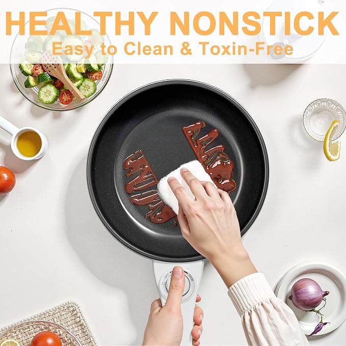 Dezin Electric Pot, 1.5L Non-Stick Portable Hot Pot Electric Upgraded, 700W | Dual Power, Electric Pot for Cooking Steak, Egg, Oatmeal, Mini Ramen Cooker for Dorm, Travel, Camping, RV, Office, Beige Pan