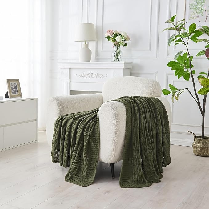 Douceur Olive Green Throw Blanket for Couch, Soft Cozy Lightweight Stripe Pattern Knitted Throw Blanket for Sofa, Living Room Gift, 50"X60"