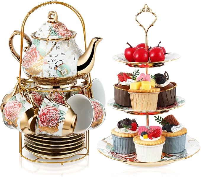 Maxcheck 21 Pcs Porcelain Tea Set for Women Tea Party with Metal Holder and 3 Tier Cake Stand Ceramic European Floral Teapot Set for Adults Mother's Day Christmas Thoughtful Gift(Elegant Style)
