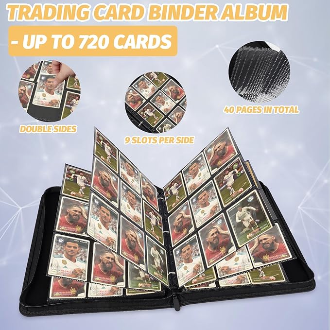 GERMUN 9 Pocket Card Binder, Premium Zip Trading Card Binder, 720 Double Sided Pocket PU Card Collection Binder, Collector Card Album, Card Folder for MTG, TCG, Sports Cards, Game Cards (White)