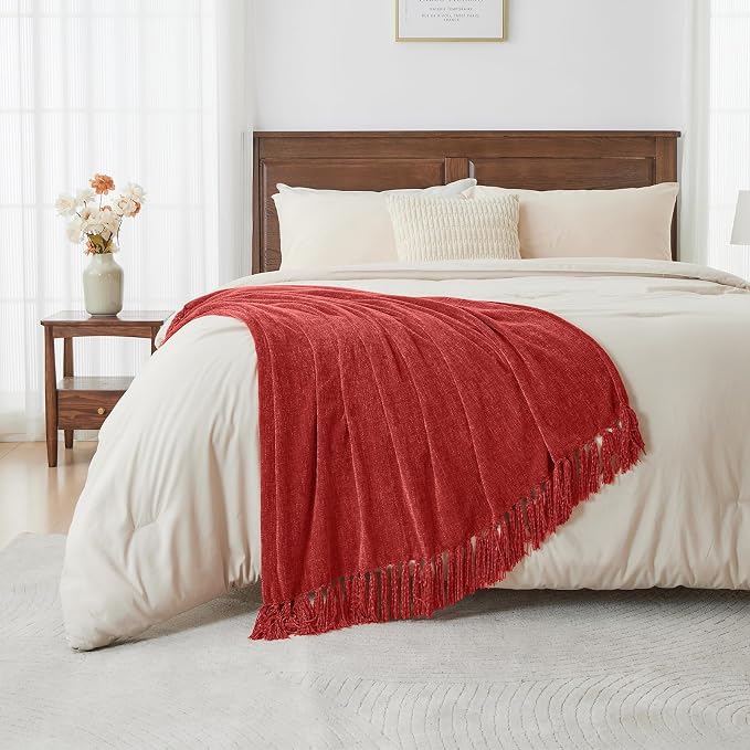 CozeCube Chenille Throw Blanket, Christmas Red Fringe Blanket, 50"X60" | For Couch, Cozy Plush Fuzzy Decorative Blanket with Fringe Tassels, Lightweight Throws for Bed Sofa Gift Home Decor