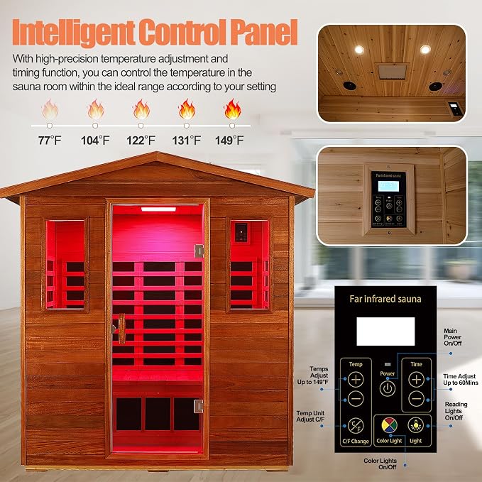 Full Spectrum Sauna, 0-5mG Ultra Low EMF Infrared Sauna 3 Person Outdoor Sauna 1950W 20Amps Far Infrared Sauna Mahogany Wooden Sauna with Red Light Therapy, Reclining Seats