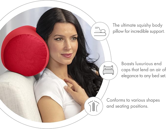 PILLOWY Microbead Bolster Neck Roll Pillow, Gently On Body, Head, Neck & Shoulders No Pain Rest, Relax Sleep - Silky Feel Prevent Wrinkles & Hair Breakage - Lightweight Cylinder, 14" x 8", Deep Red