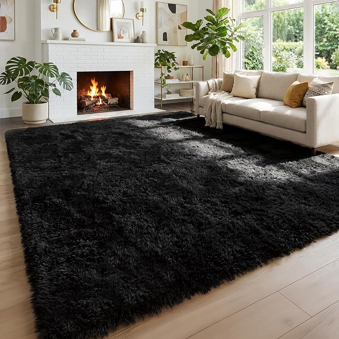 Amdrebio Black Shag Kids Area Rug 5x8 for Boys Bedroom Living Room Playroom | Fluffy Furry Shaggy Plush Comfy Carpet, Classroom Dorm Men Cave Office Apartment Decor, Gothic Aesthetic, Modern Cool Accent