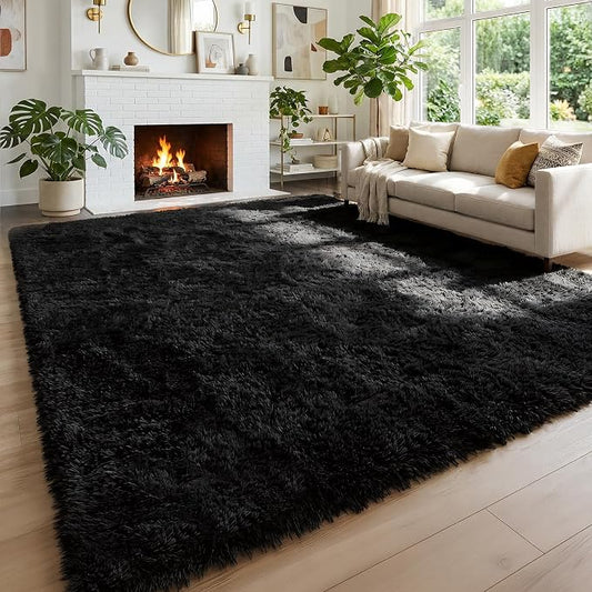 Amdrebio Black Shag Kids Area Rug 5x8 for Boys Bedroom Living Room Playroom | Fluffy Furry Shaggy Plush Comfy Carpet, Classroom Dorm Men Cave Office Apartment Decor, Gothic Aesthetic, Modern Cool Accent