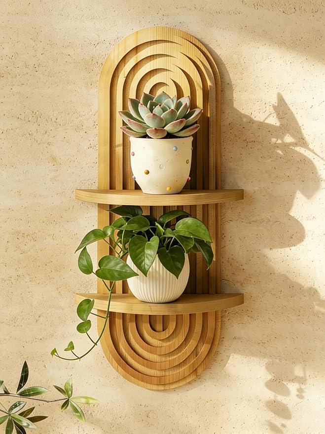 Bamworld Boho Wall Decor Plant Wall Shelf Wood Plant Holder Natural | Mid Century Modern Decor Hanging Plant Shelf Wooden Floating Shelves for Home Bedroom Living Room Holding Planter Decoration