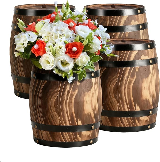 4Pcs Ippoulas Wooden Wine Barrel Planters 8" x 6.5" - Set of Rustic Wood Vases for Flowers, Centerpieces Decor | Wine Barrel Wedding, Party, Home Decoration