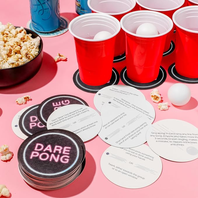 Dare Pong - Full Beer Pong Set and 50 Coasters with Dares, Perfect and Fun Drinking Games, Adult Board Games, Great for Bachelorette Party, Couples Games and Adult Games for Game Night