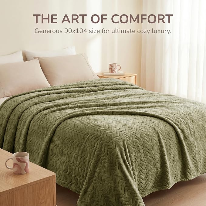 Exclusivo Mezcla Soft Fleece Blanket Queen Size for Bed, Sofa, Olive Green | 90"x90" Breathable Lightweight Flannel Blanket for Summer, Plush Cozy Jacquard Wave for Home Decor