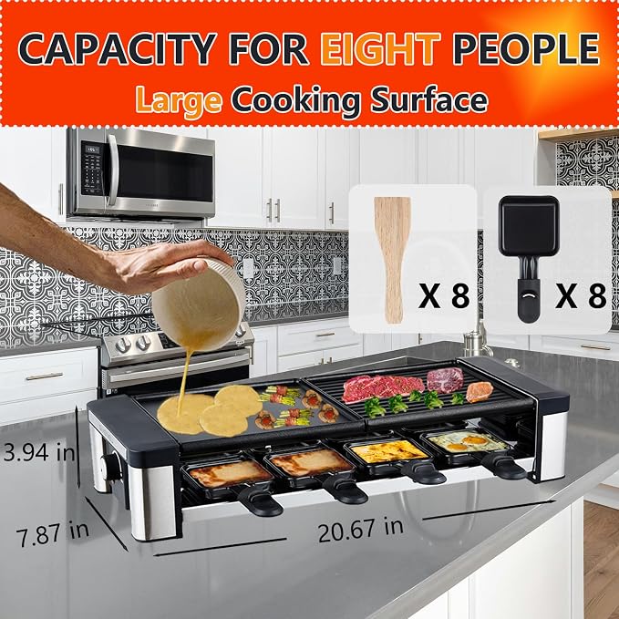 GIVENEU Raclette Grill 8 Person, 1200W, Natural Stone & Reversible Plate | 3-in-1 Stone, Grooved & Flat Plate; Dishwasher Safe Pans; Cheese Raclette, Korean BBQ, Teppanyaki; Christmas, Holiday Gift