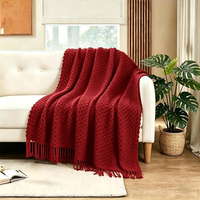 CREVENT Farmhouse Boho Knitted Throw Blanket for Couch Sofa Chair Bed Home Decoration, Soft Warm Cozy Light Weight for Spring Summer Fall (50''X60'' Christmas Red)
