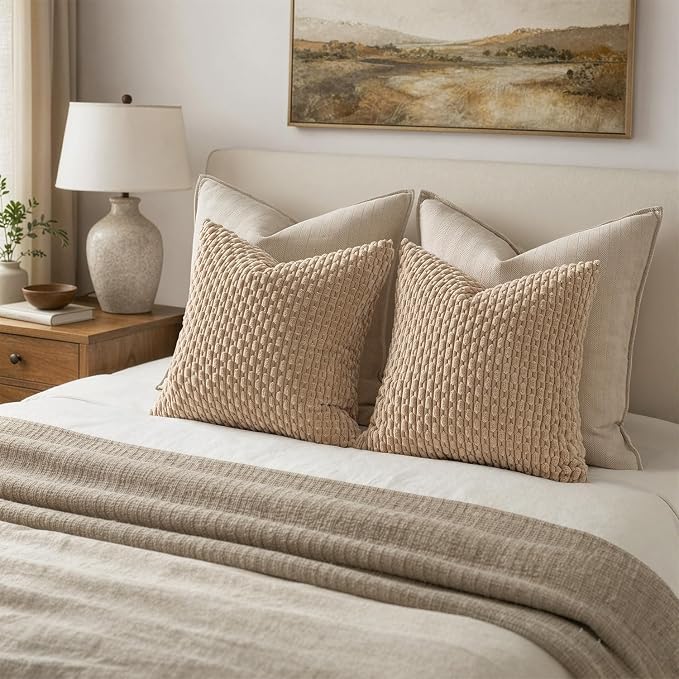 MIULEE Decorative Throw Pillow Covers 18x18 Neutral Tan Textured Corduroy | Pack of 2 Striped Pillow Covers Modern Farmhouse Fall Home Decor for Couch Bed Sofa Living Room