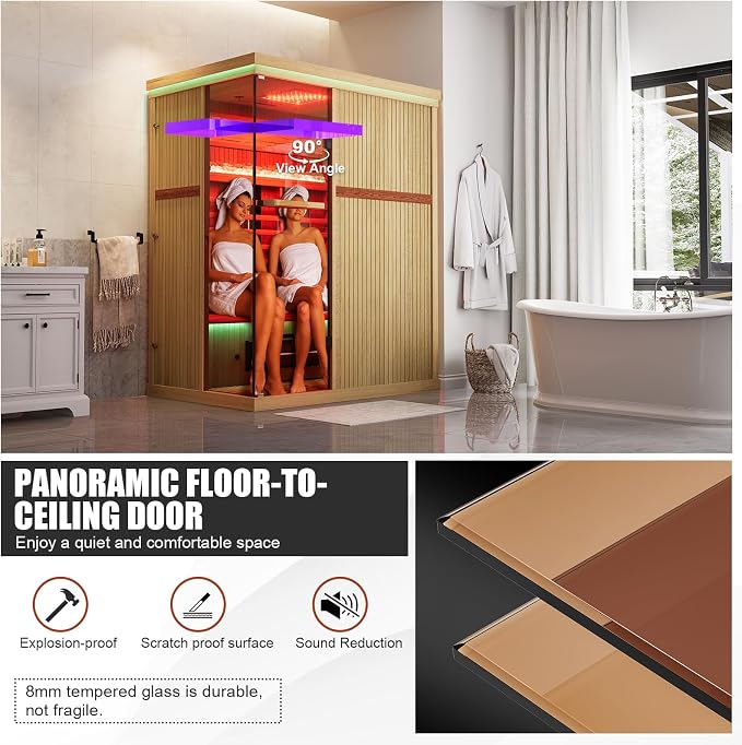 MEISSALIVVE Full Spectrum Sauna for Home, 3 Person Indoor Infrared Spa Room with 10 Minutes Warm-up Heat, Canadian Hemlock Wood Home Sauna with Bluetooth and Tempered Glass