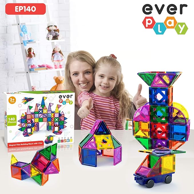 140 pc Castle Rocket Magnetic Tiles with Car Set Building Block Toys STEM Educational Learning Magnet Toy Preschool Montessori Boys & Girls Smart Kit Games Gifts for Age 3+ Kids Toddlers
