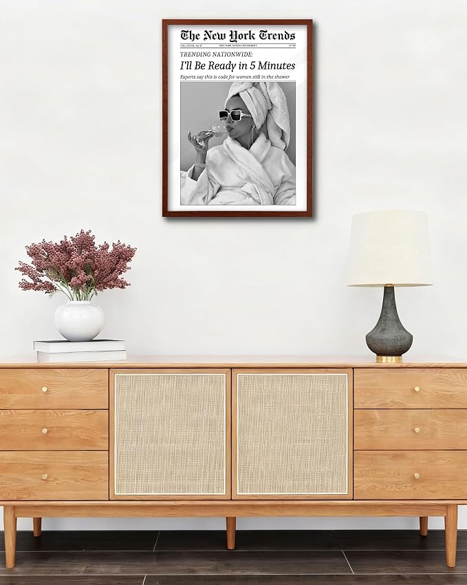 EcoHest 12x16 in I'll Be Ready in 5 Minutes Newspaper Framed Wall Art | Walnut Color Solid Oak Frame, Canvas Wall Art, Feminist Newspaper Wall Decor for Bathroom, Bedroom, Apartment, Dorm, 1Pack
