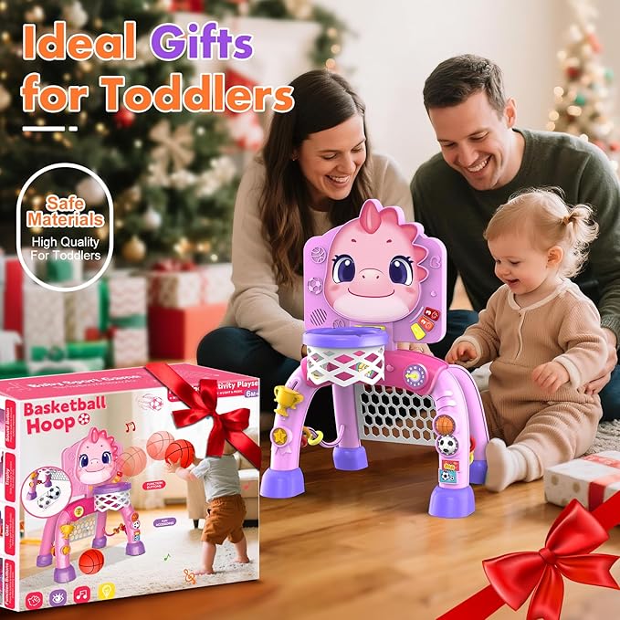 Nicmore Basketball Hoop Toys for Toddlers: Dinosaur Activity Center with Lights Music - Indoor Sports Skills Development - 6, 12, 18, 24+ Month Christmas Birthday Gift for Baby, Boys & Girls