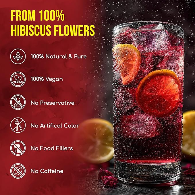 FreshDrinkUS, Premium 40 Hibiscus Flowers Tea Bags, 100% Natural, Pure from Hibiscus Flowers. Loose Flower Herbal Tea. No Sugar, No Caffeine, No Gluten, Vegan.