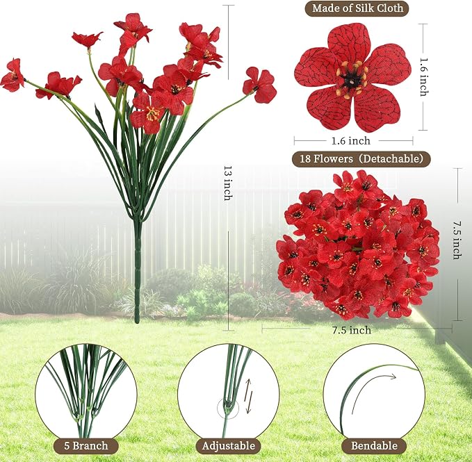 ColoPlay 24 Bundles Red Artificial Flowers for Outdoors, Fake Flowers | Fake Plants Outdoors, UV Resistant Faux Flowers for Indoor Outside Garden Porch Window Box Home Wedding Farmhouse