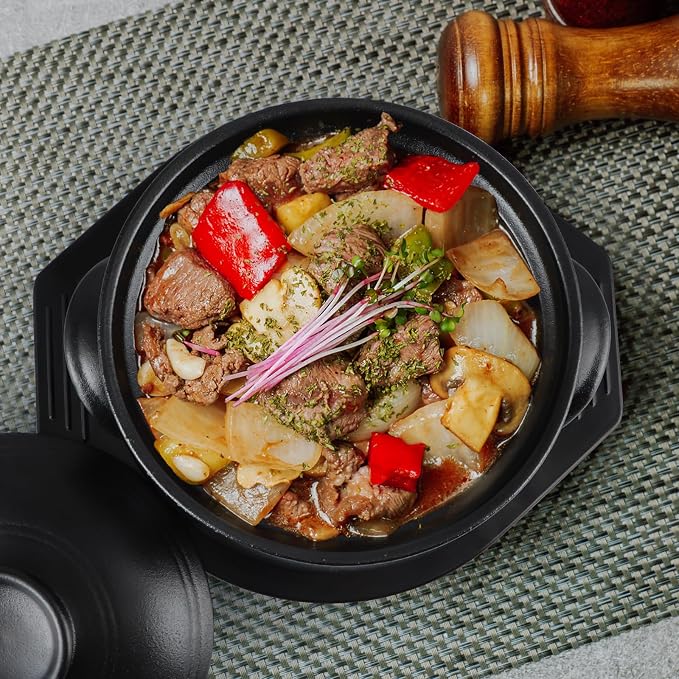 Large Korean Ceramic Bowl with Lid and Trivet, 54 oz Sizzling Hot Pot with Double Handles for Cooking and Serving Dolsot Bibimbap, Soup, Rice, Stew, Casserole, Noodle (Frosted Black)