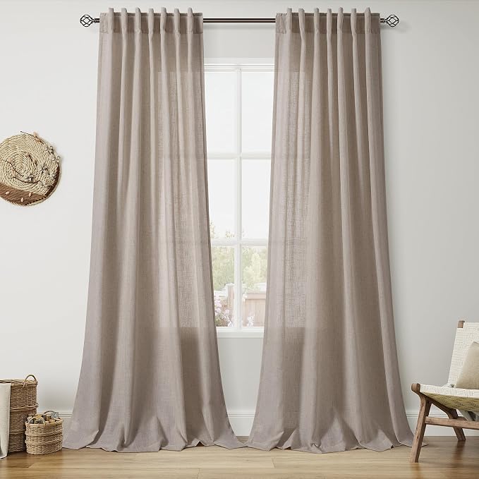 Ecru Linen Curtains for Living Room 98 Inches Long Light Filtering Semi Sheer Curtain Back Tab Rustic Farmhouse Decor Burlap Elegant Soft Luxury Boho Drapes for Bedroom Dinner Room 52x98, 2 Panels