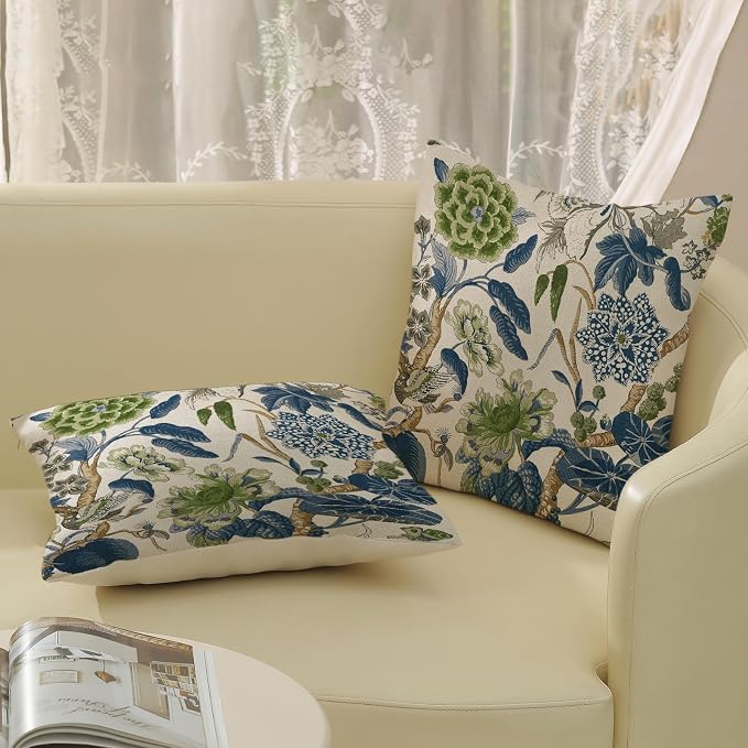 Green Navy Blue Pillow Covers 18x18 Inch Set of 2 Vintage Blue Floral Throw Pillows Chinoiserie Flower Decorative Pillow Case Outdoor Linen Farmhouse Cushion Cover for Couch Sofa Decorations