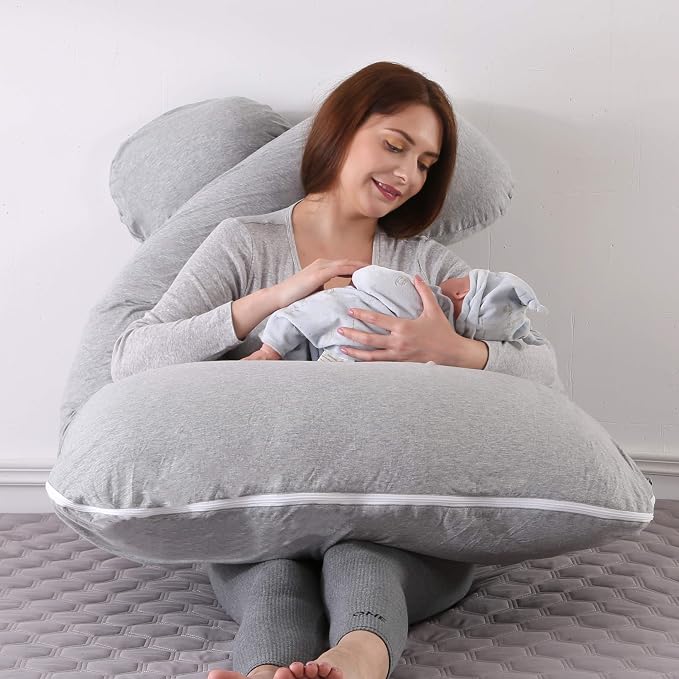 Amagoing 57 inches Pregnancy Pillows for Sleeping, U Shaped Maternity Full Body Pillow for Pregnant Women with Hip, Leg, Back, Belly Support, Washable Jersey Cover Included (Light Gray)