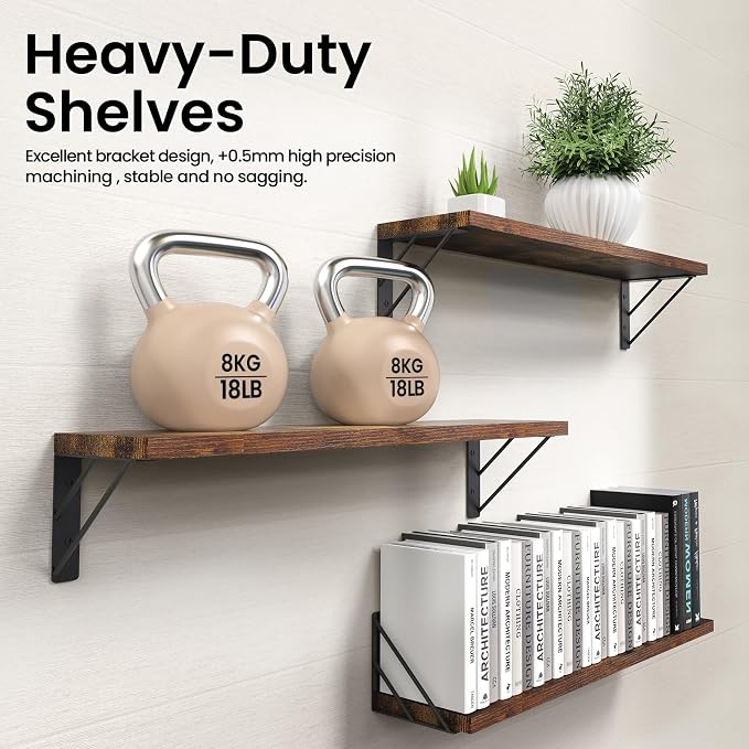 BAYKA 23-in Floating Wall Shelves, Rustic Wood Wall Shelves for Bedroom, Bathroom, Kitchen & Living Room, Display Shelf for Books, Plants & Decor (Rustic Brown)