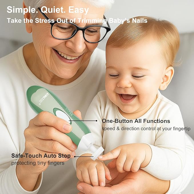 Fansidi Baby Nail Trimmer Electric, Easy & Safe Nail File for Newborn to Toddler, Whisper-Quiet Nighttime Use, Precise 4-Stage Grinding Heads, LED Light, 18-Piece Kit, Forest Green, Baby Shower Gift