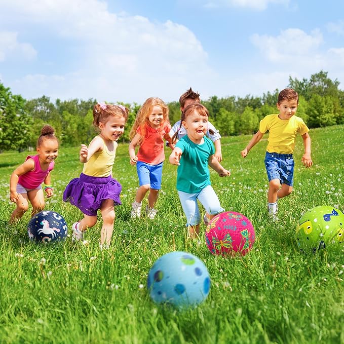 ZOOJOY Pack of 4 Cartoon Playground Balls, 8.5" Rubber Bouncy Kickball Set, Indoor & Outdoor Dodgeball Kickball Balls for Toddler 3-12, School Games Toys for Boys and Girls with Pumps and Boxes