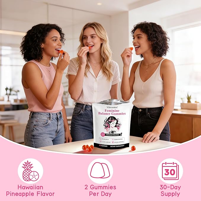 Feminine Balance Gummies for Women, Sugar Free Premium Feminine Balance Gummies for pH Balance, Healthy Odor, Vaginal Flora & Immune Support, Vegan Hawaiian Pineapple Female Vaginal Gummy, 60 Count